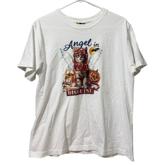 Angel In Disguise Women Cat Halloween T Shirt White Size Large Cotton Kitty - Picture 1 of 9